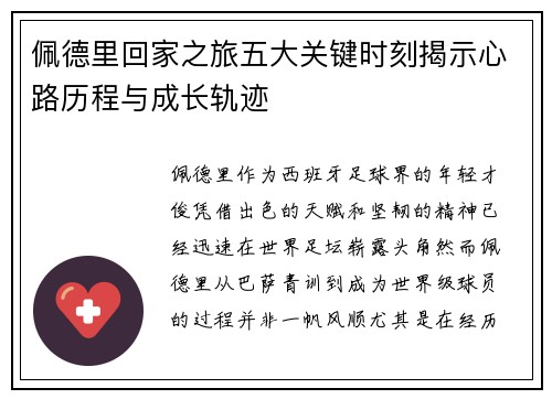 佩德里回家之旅五大关键时刻揭示心路历程与成长轨迹