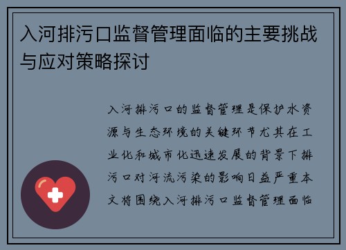 入河排污口监督管理面临的主要挑战与应对策略探讨